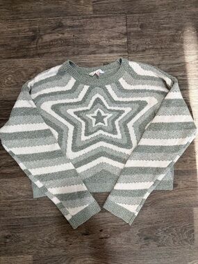 No Boundaries Star Stripe Cropped Sweater - Sage Green and White